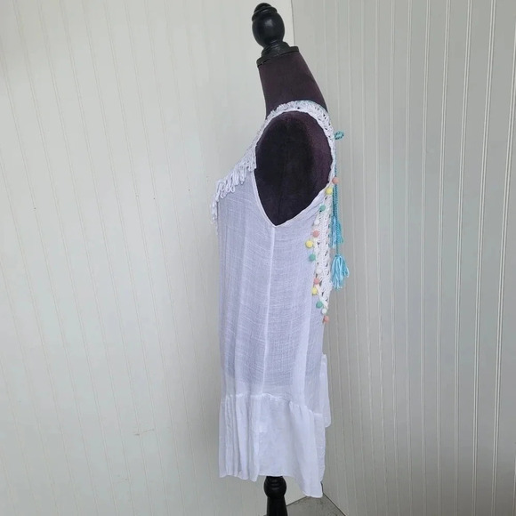 Cupshe Swim Coverup Dress One Size Boho Crochet Pom Pom Fringe Tassel White Blue - Picture 6 of 13
